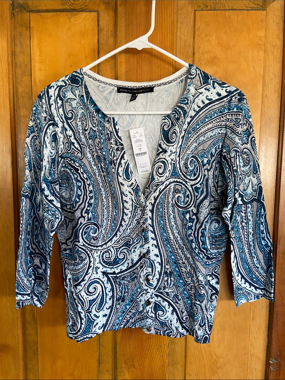 White House Black Market Blue and White Paisley Cardigan